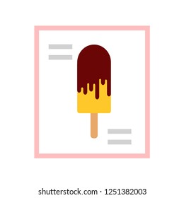 Creme brulee ice cream with chocolate drips on a stick. Framed ice cream signboard vector icon flat illustration isolated on white