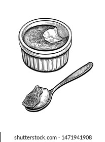 Creme brulee. Ink sketch isolated on white background. Hand drawn vector illustration. Retro style.