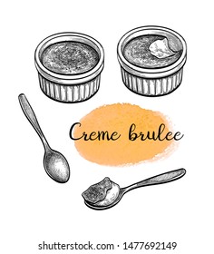 Creme brulee. Ink sketch isolated on white background. Hand drawn vector illustration. Retro style.