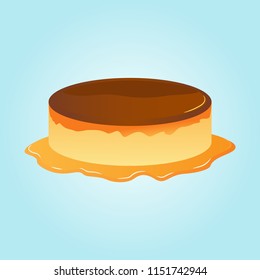 Creme caramel with blue background, vector cake.