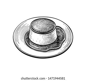 Creme Caramel. Ink sketch isolated on white background. Hand drawn vector illustration. Retro style.