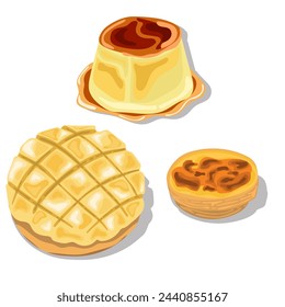 Creme caramel and Melonpan on a white background.Eps 10 vector.