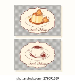 Creme caramel on plate  business cards template in vector. Doodle illustration with dessert