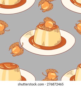 Creme caramel on plate seamless pattern in vector. Sketched dessert background. Doodle illustration