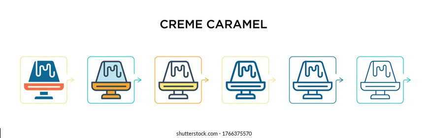 Creme caramel vector icon in 6 different modern styles. Black, two colored creme caramel icons designed in filled, outline, line and stroke style. Vector illustration can be used for web, mobile, ui
