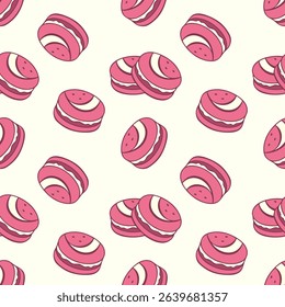 Creme pattern with pink macaroons. Strawberry delicious cookies with cream filling.