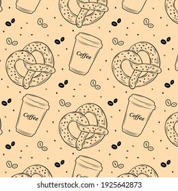 Crendel and cup of coffee background vector seamless patternt vector illustration for print wap paper or wallpaper for bakery or coffeeshop