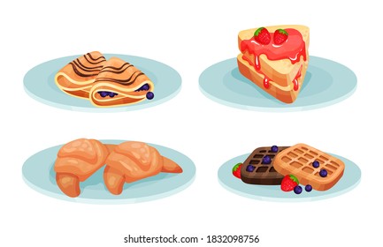 Crepe with Blueberries and Sandwich with Jam Served on Plates Vector Set