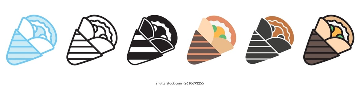 Crepe multi style, mini illustration icon set. outline, flat, glyph, line color, UI, UX, app and web, digital or print. vector EPS 10 related to street food, food festival.