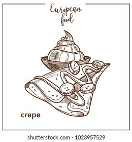 Crepe pancake sketch icon for European French food cuisine cafe dessert menu design