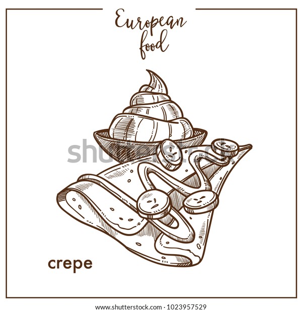ヨーロッパのフランス料理カフェデザートメニューデザイン用クレープパンケーキのスケッチアイコン のベクター画像素材 ロイヤリティフリー