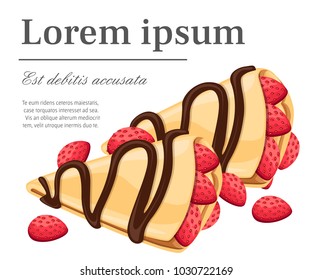 Crepe with strawberry and chocolate tasty pancakes vector illustration place for your text isolated on white background web site page and mobile app design.