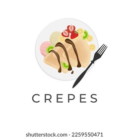 Crepe Vector Illustration Logo With Chocolate Sauce Fresh Fruit And Ice Cream