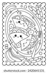 Crepes with banana and chocolate paste, peanut butter. Kawaii characters. Sweets, dessert. Cute coloring page for kids and adults, black and white vector illustration.