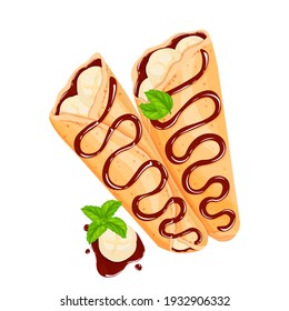 Crepes con plátanos, chocolate y hojas de menta. Dibujo vectorial de crepes para café o restaurante de diseño de anuncios.