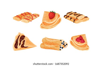 Crepes or Blinis with Different Stuffing Rolled and Folded in Triangle Shape Vector Set