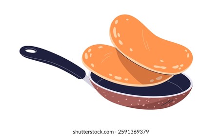 Crepes flipping in frying pan. Hot pancakes flying in air over skillet during preparation. Cook process. Cooking homemade breakfast food. Flat vector illustration isolated on white background