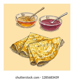 Crepes With Honey And Jam For Breakfast Free Hand Drawing, Sketch Style