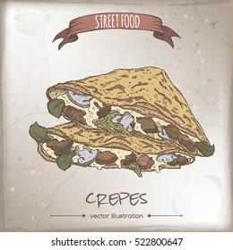 Crepes with meat, cheese and mushrooms color sketch on grunge background. French cuisine. Street food series. Great for recipe books, markets, restaurants, cafe, food label design.