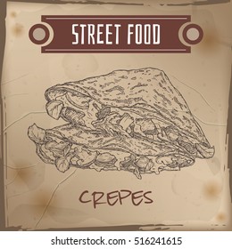 Crepes with meat, cheese and mushrooms sketch on grunge background. French cuisine. Street food series. Great for recipe books, markets, restaurants, cafe, food label design.