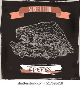 Crepes with meat, cheese and mushrooms sketch on grunge black background. French cuisine. Street food series. Great for recipe books, markets, restaurants, cafe, food label design.