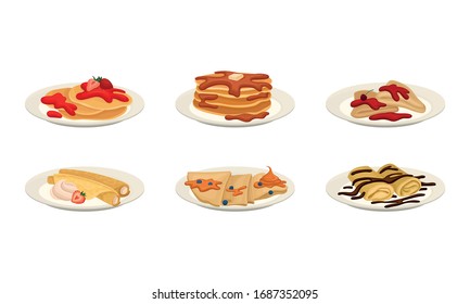 Crepes or Pancakes with Different Stuffing and Toppings Rolled and Folded on Plate Vector Set