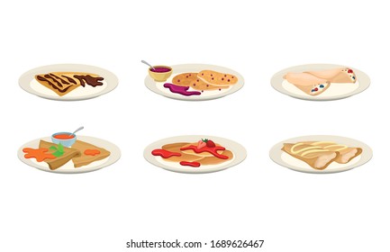 Crepes or Pancakes with Different Stuffing and Toppings Rolled and Folded on Plate Vector Set