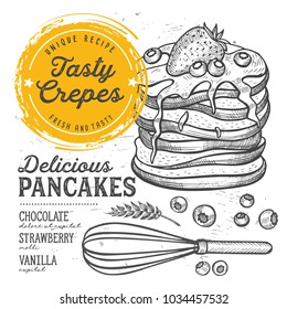 Crepes restaurant menu. Vector pancake food flyer for bar and cafe. Design template with vintage hand-drawn illustrations.