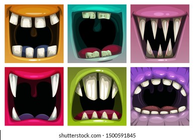 Creppy monstruos de fantasía se pone la boca. Colección de mandíbulas de miedo vectorial. Iconos coloridos.