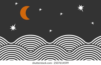 crescent above stormy sea abstract modern poster, wallpaper or wall print decoration, boho moon minimalist mid century retro art