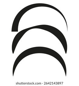 Crescent arc icon. Curved black shape. Minimal moon symbol. Vector graphic element.