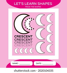 Crescent. Basic geometric shapes. Elements for children. Learn Shapes. Handwriting practice. Trace and write. Educational children game. Kids activity printable sheet. Pink Background.