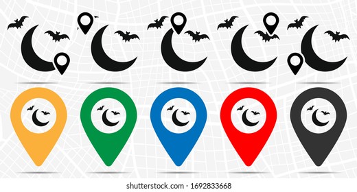 Crescent and bat icon in location set. Simple glyph, flat illustration element of halloween theme icons
