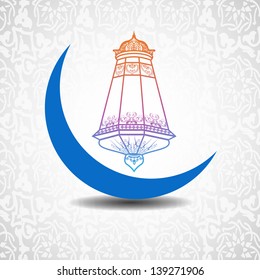 Crescent blue moon with decorated Arabic lantern,  concept for Muslim community holy month Ramadan or Ramazan.
