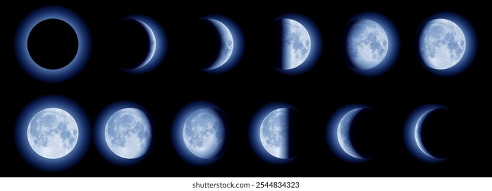 Lua azul crescente fases em um céu escuro. Vetor realista Imagem Sequência quadro mostrando a lua Fases de novo para cheio, diminuindo e encerando. Ciclo Vetorial Completo