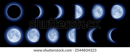 Crescent Blue Moon phases in a Dark Sky. Realistic vector Image Sequence frame showing the moon Phases from new to full, waning and waxing. Full Vector Cycle