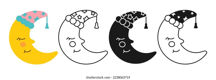 Crescent cartoon baby icon set. Yellow sleepy moon line style or silhouette. Symbol kids moon cute simple collection. Newborn nursery accessory objects. Birthday child memory scrapbook kit vector