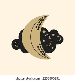 Crescent with cloud in doodle style. Simple hand drawn golden moon with black cloud and stars. Isolated vector illustration, print, greeting card