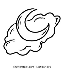 Crescent and cloud. Hand drawn vector illustration in doodle style, isolated on a white background.