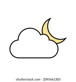Crescent and cloud icon. Night sky. Weather button. Colored picture. Bedtime sign. Vector illustration. Stock image.
