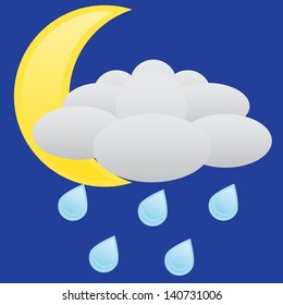 Crescent and clouds with rain weather icon