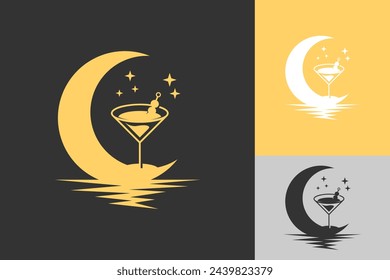 Crescent and Cocktail Vector Logo Design