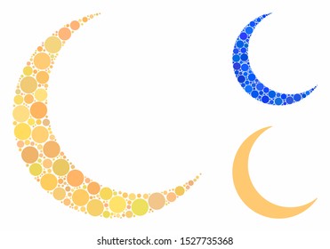 Crescent composition of circle elements in variable sizes and color tinges, based on crescent icon. Vector circle elements are composed into blue mosaic.