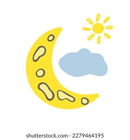 Crescent with cute cloud and sun. Hand drawn yellow half moon for childish design. Illustration of celestial globe for kids