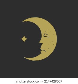 Crescent esoteric sleep face and star antique hand drawn outline grunge texture illustration. Mythical half moon closed eyes, nose and lips asleep elegant decorative design on black. Bedtime character