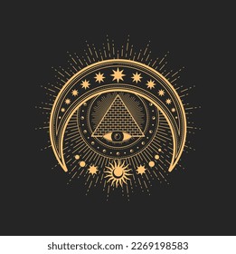 Crescent, Eye of Providence, egyptian pyramid, moon, stars and sun esoteric occult symbols, vector magic tarot designation Masonic or illuminati spiritual symbolic, occultism sign, pagan amulet