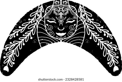 Crescent with face and patterns. Black vector grunge illustration in linocut style hand drawn. Element for design