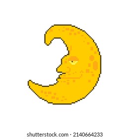 Crescent face pixel art. 8 bit Moon With Face. pixelated Vector illustration