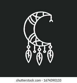 Crescent and feathers amulet in boho style chalk white icon on black background. Native American Indian mystic symbol. Dreamcatcher with moon talisman. Isolated vector chalkboard illustration