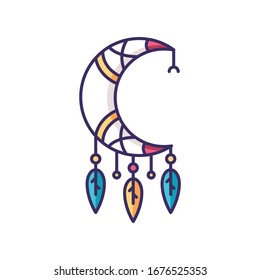 Crescent and feathers amulet in boho style RGB color icon. Native American Indian mystic symbol. Dreamcatcher with moon talisman. Bohemian vintage accessory. Ethnic charm. Isolated vector illustration